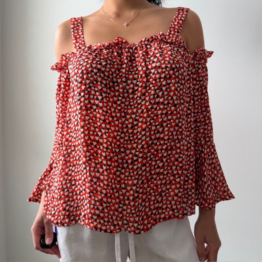 J. Crew Red Heart Print Off-Shoulder Silk Blouse - Medium
